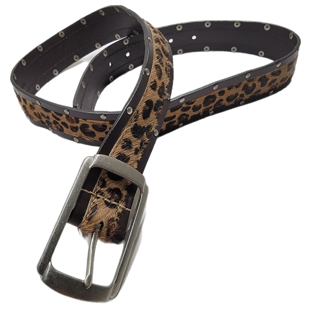 Womens size Large Genuine Leather Belt Chita Print and Brown Silver Buckle 36"